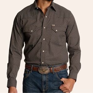 Rafter C Men’s Brown Geo Print stretch long sleeve pearl snap western shirt L